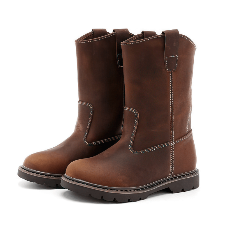 Vintage buckle boots in rich brown leather, featuring a rounded toe and flat tractor tread sole.