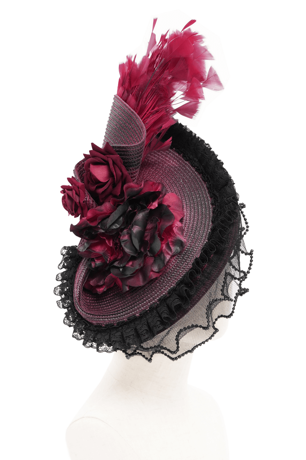 Vintage burgundy and black fascinator hat with lace, roses, and feathers for elegant occasions.