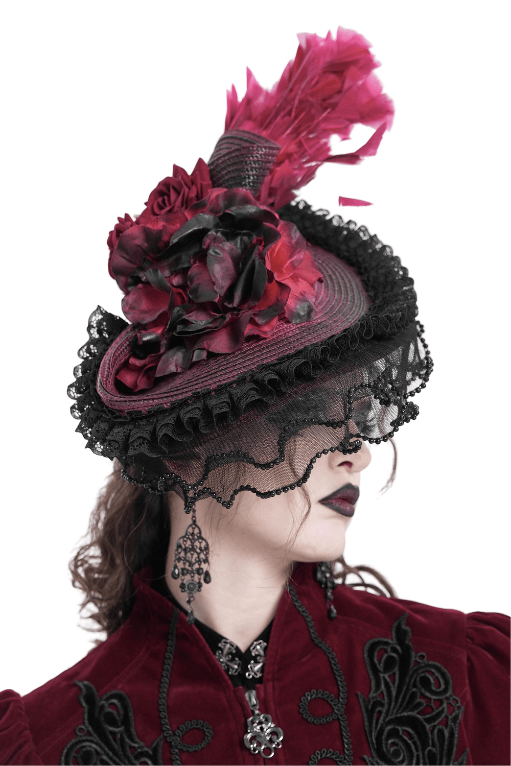 Elegant vintage burgundy and black fascinator hat with feathers and lace for gothic occasions.