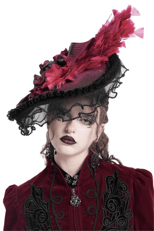 Vintage Burgundy and Black Fascinator Hat with Feathers