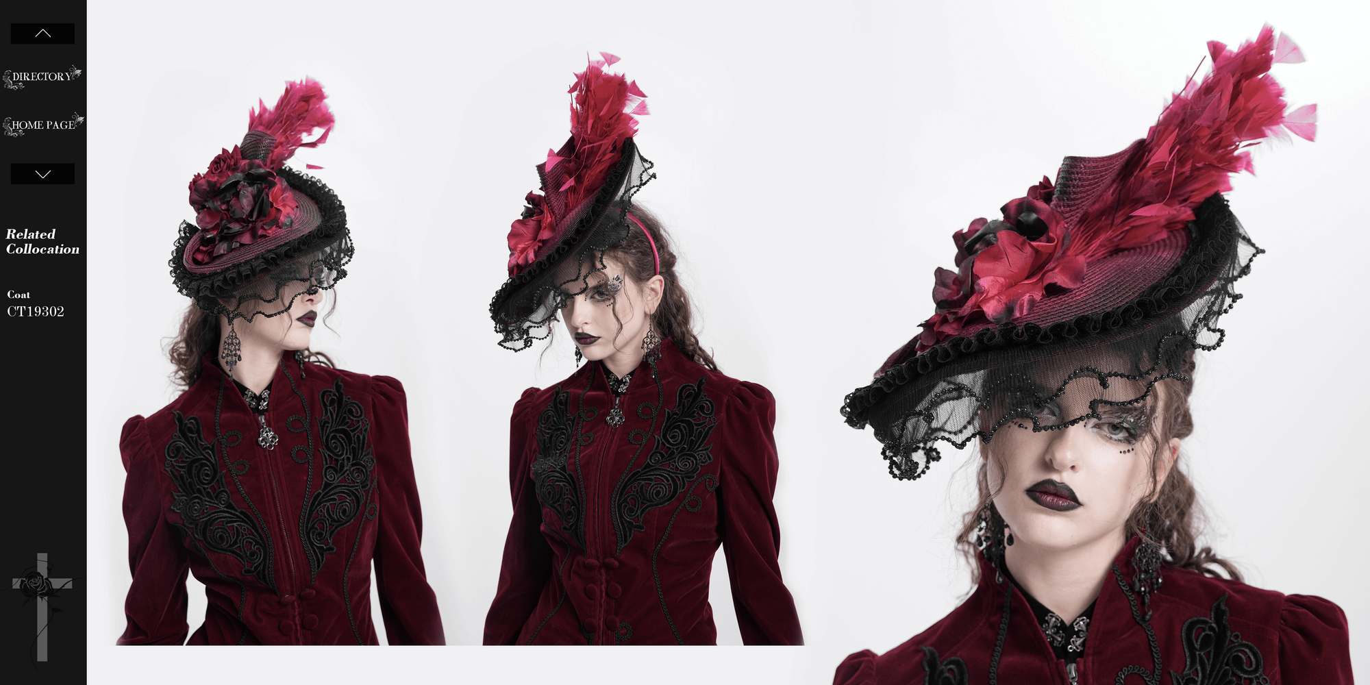 Vintage burgundy and black fascinator hat adorned with feathers and lace for gothic elegance.