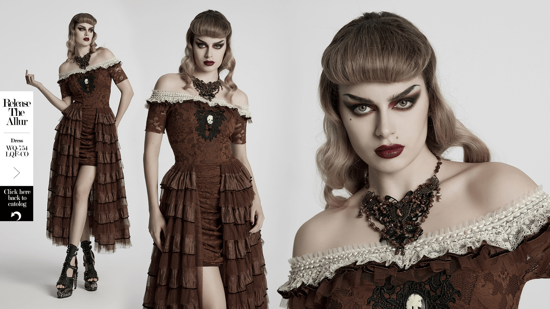 Gothic model in elegant brown dress with off-shoulder design and intricate lace details, showcasing a bold and stylish look.