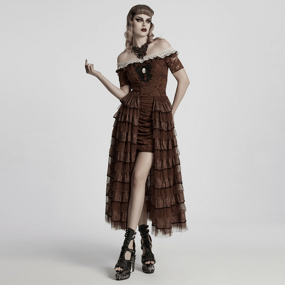 Model wearing a stunning brown off-shoulder dress with lace and ruffles, paired with bold black footwear.