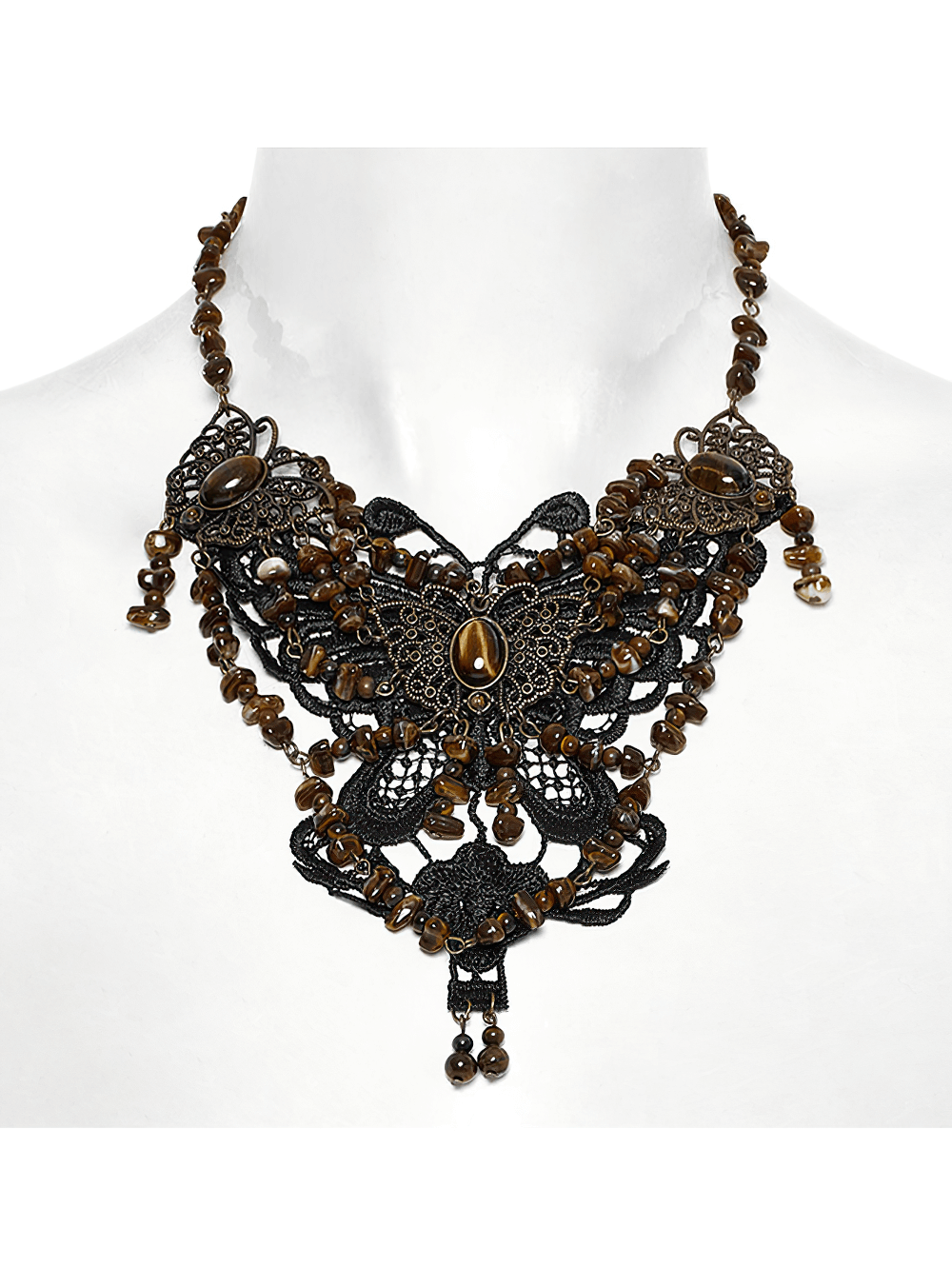 Vintage butterfly necklace with beaded lace and natural stones, showcasing elegance and spiritual strength.
