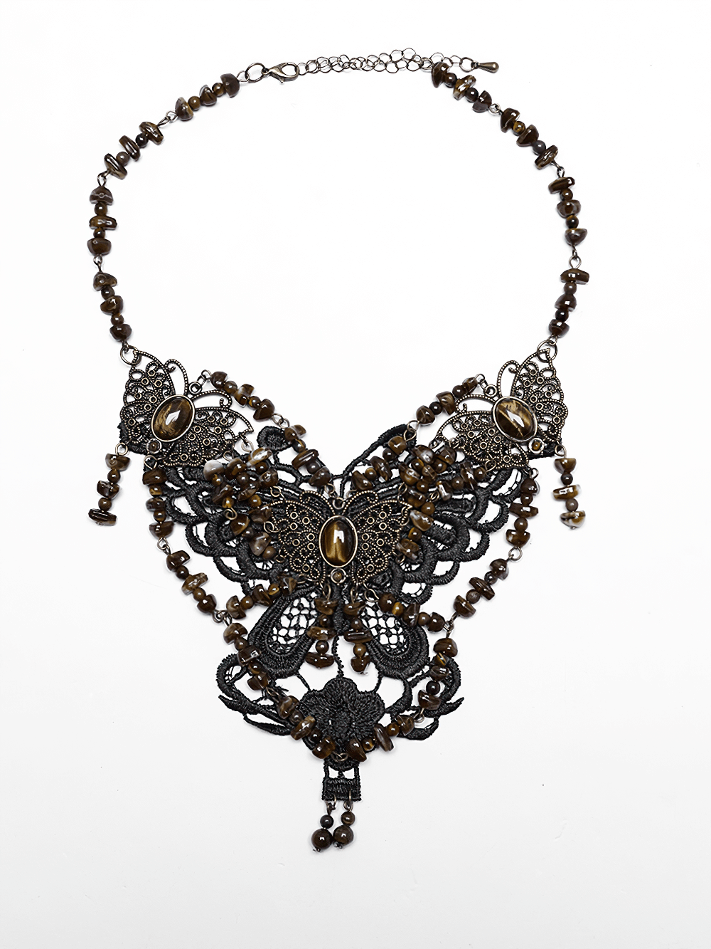 Vintage butterfly necklace featuring intricate lace and natural stones for a bold, elegant style.