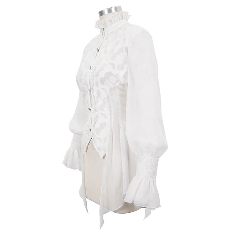 Vintage Chiffon Lace Petal Sleeve Shirt For Women / Gothic White Ladies High Collar Blouse - HARD'N'HEAVY