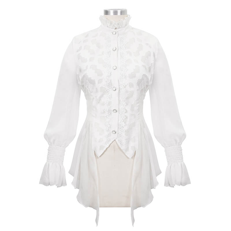 Vintage chiffon lace petal sleeve shirt in white, featuring retro cut and high collar for women.
