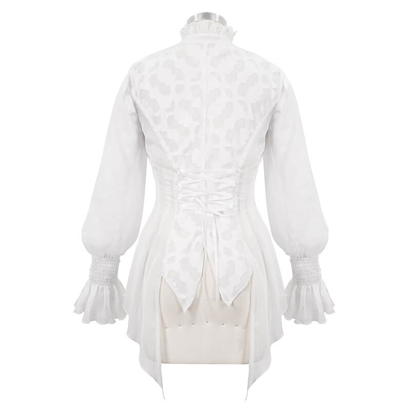 Back view of a vintage white chiffon lace petal sleeve blouse with high collar and decorative laces.