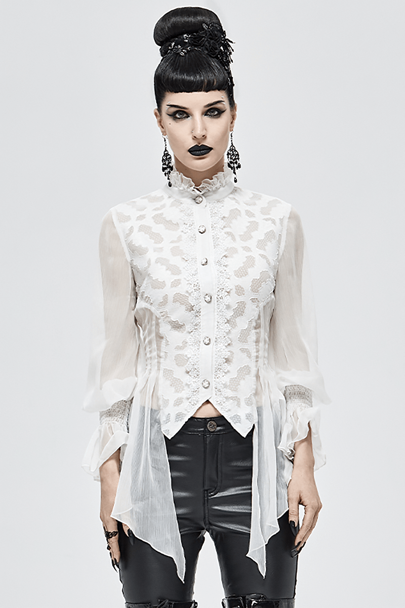 Vintage chiffon lace petal sleeve shirt for women, high collar white blouse with retro elegance.