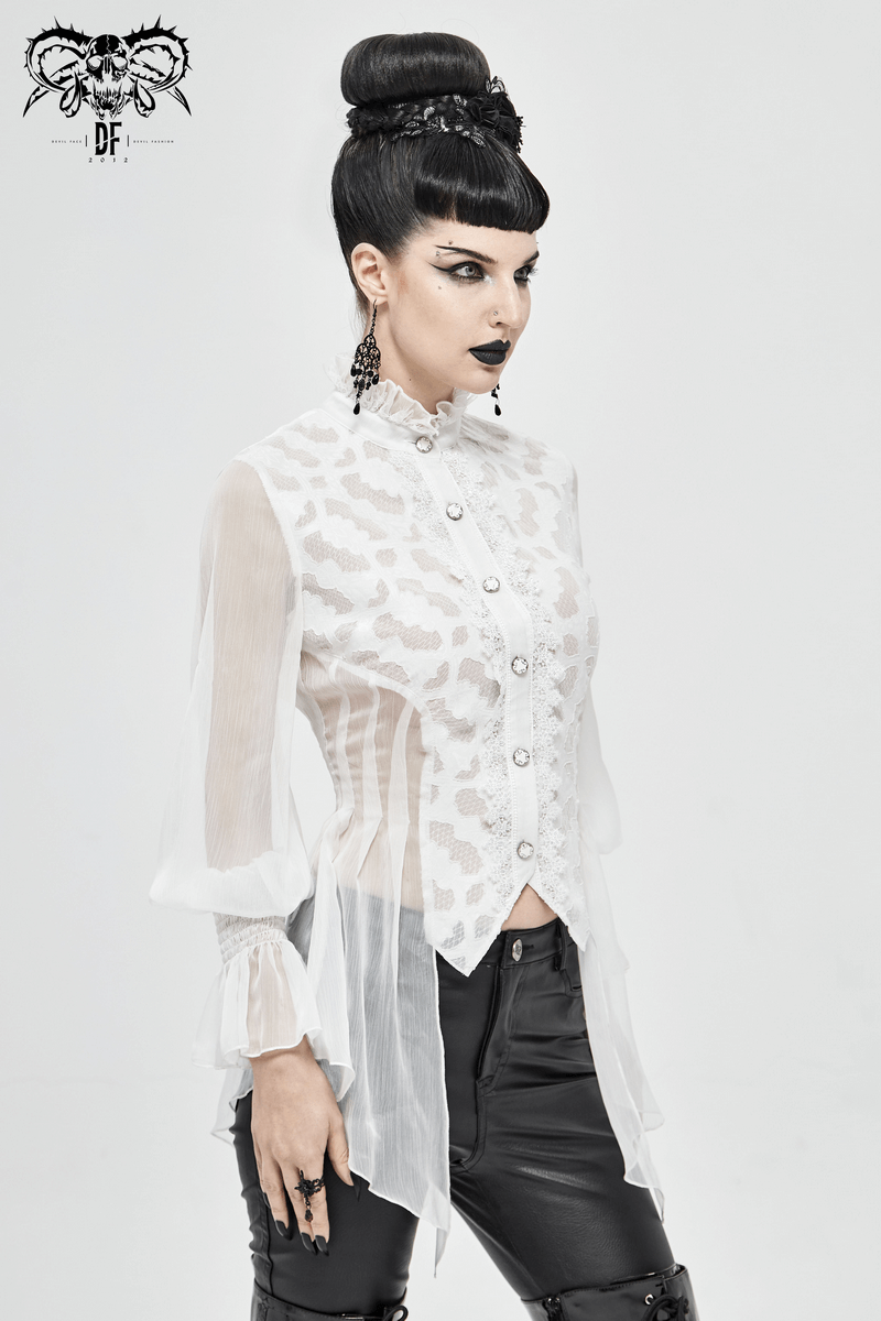 Gothic white chiffon blouse with lace details and petal sleeves, perfect for vintage fashion lovers.