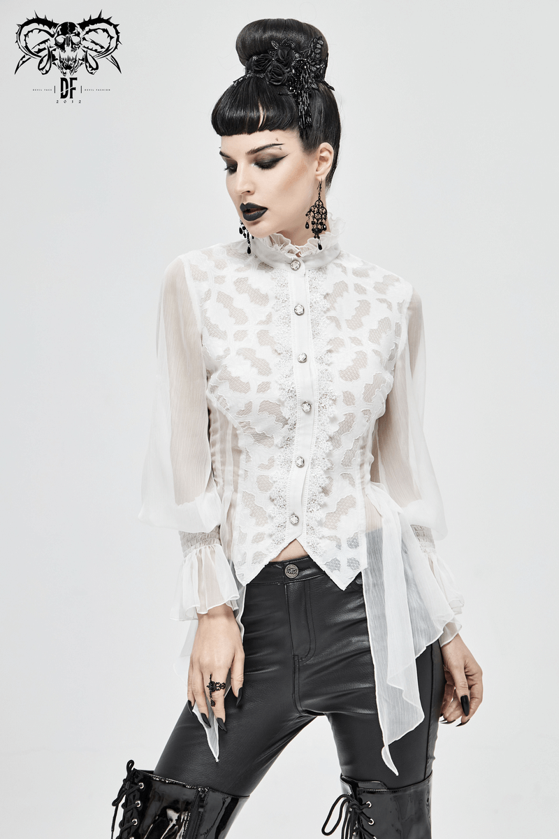 Vintage chiffon lace petal sleeve blouse for women, featuring high collar and stylish buttons in white.