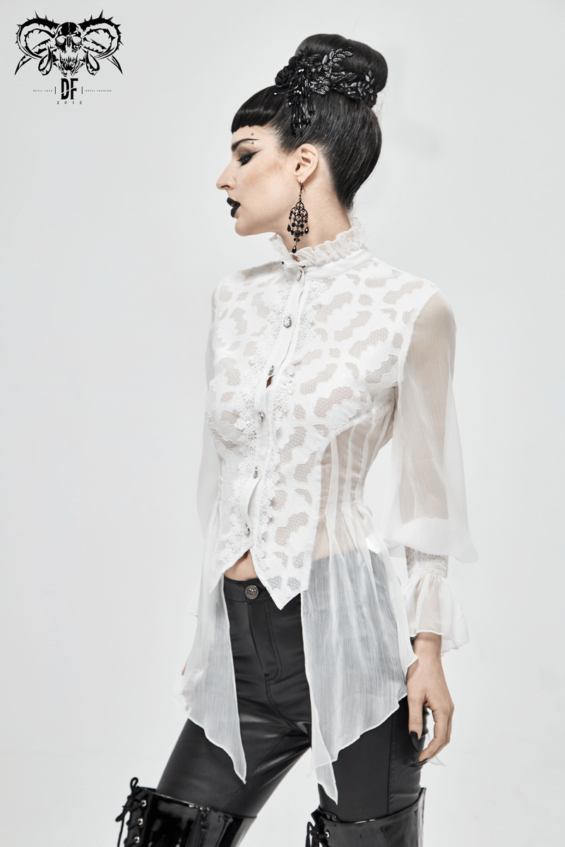 Vintage chiffon lace petal sleeve blouse for women with high collar and retro design in white.