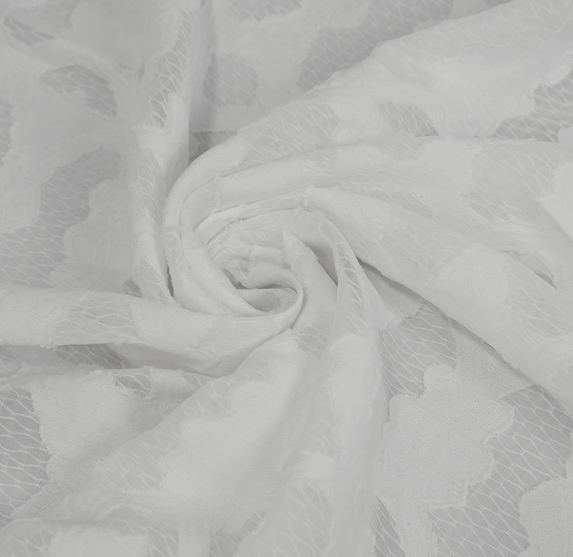 Close-up of delicate white chiffon lace fabric showcasing intricate floral patterns, perfect for vintage blouses.