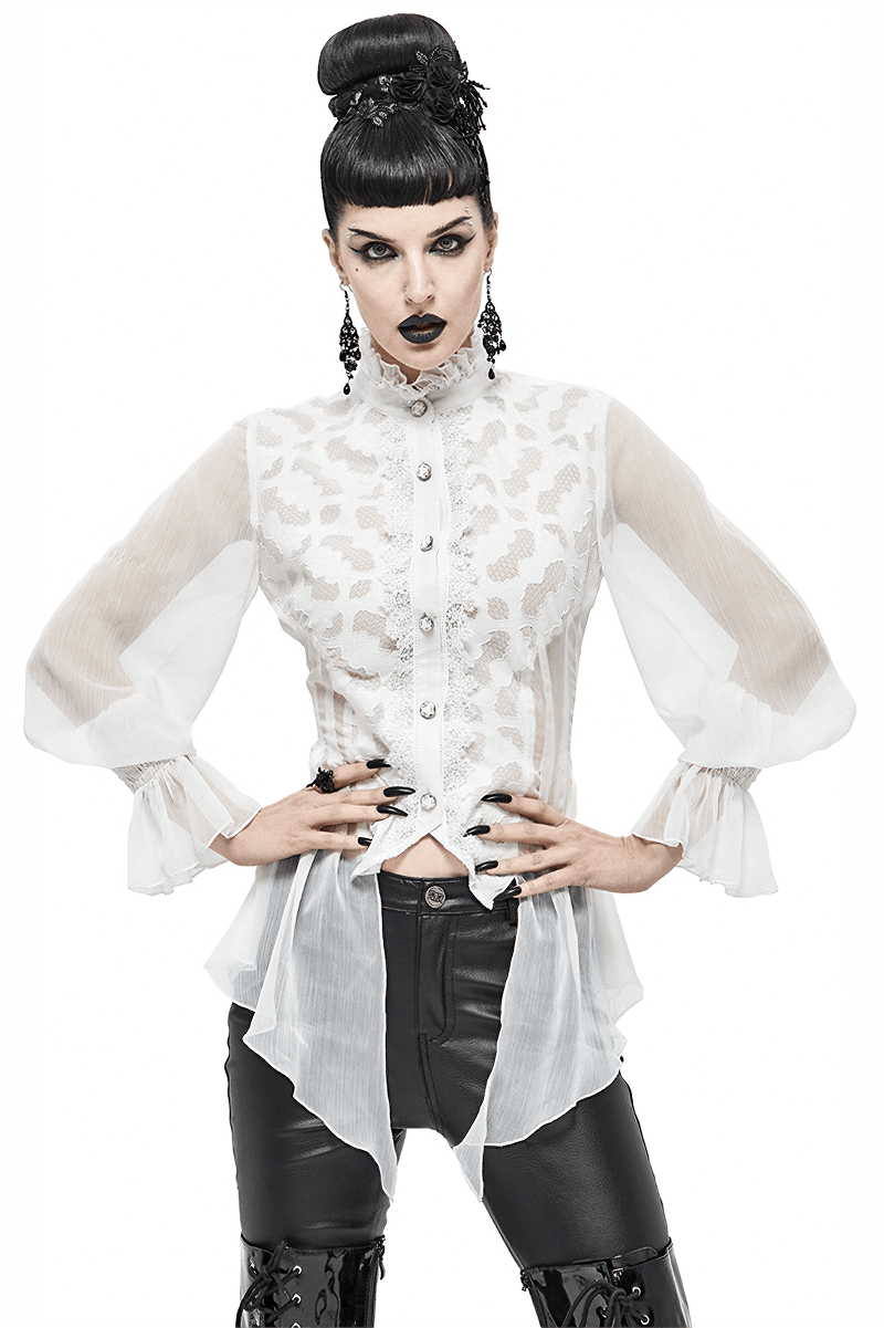 Vintage Chiffon Lace Petal Sleeve Shirt For Women / Gothic White Ladies High Collar Blouse - HARD'N'HEAVY