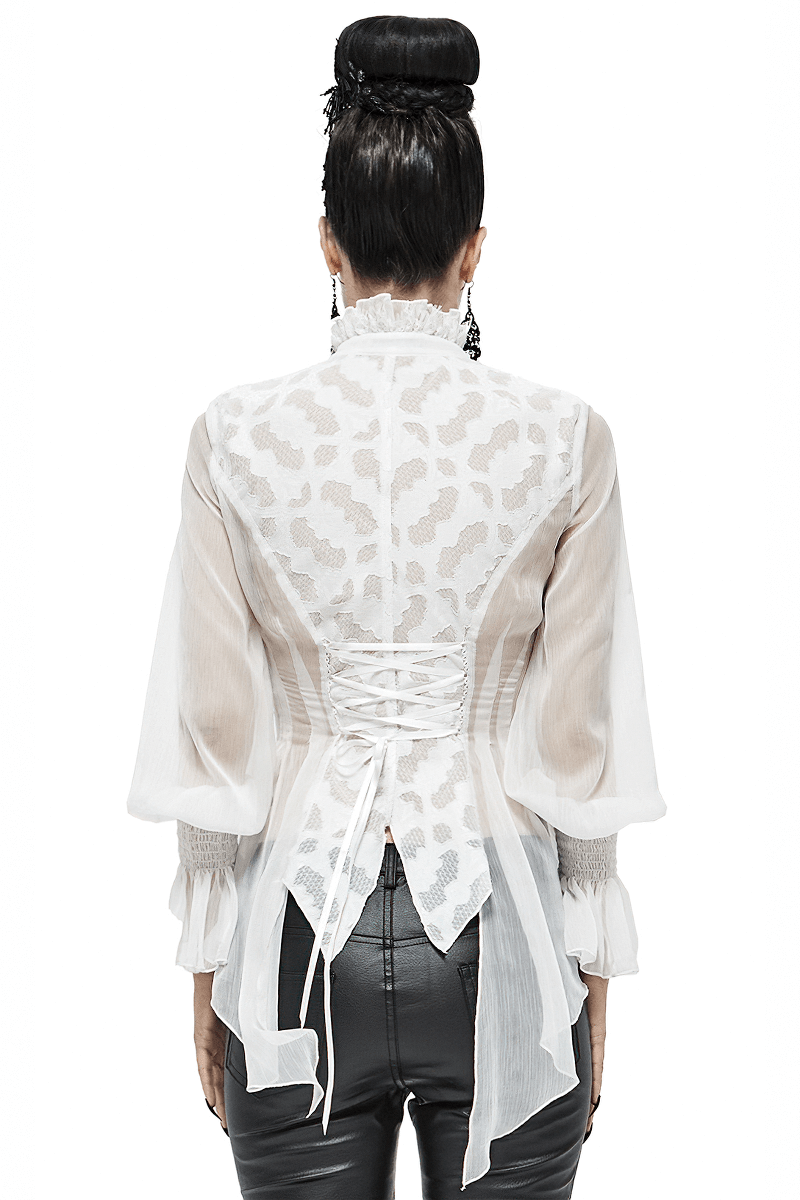 Back view of a vintage chiffon lace petal sleeve shirt for women, featuring a high collar and elegant lace details.