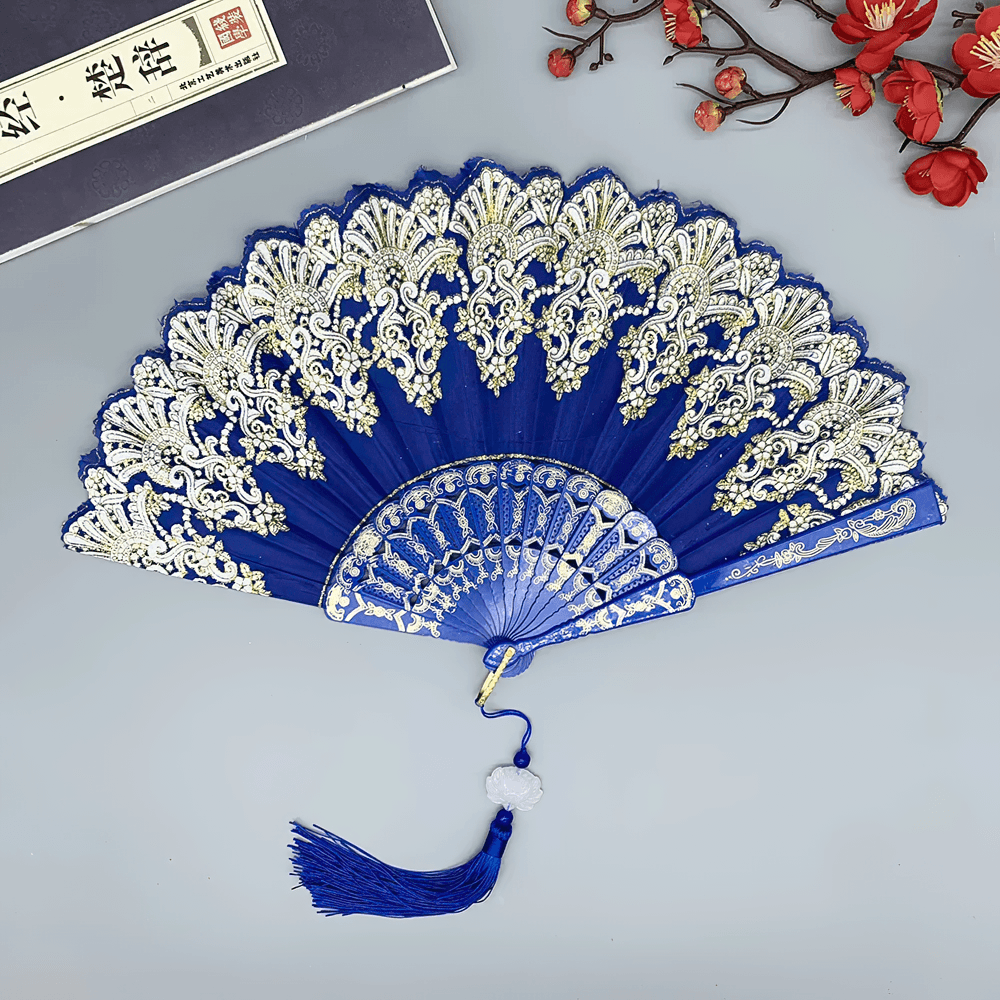 Vintage Chinese Lace Folding Fan with Tassel Detail in blue, featuring intricate floral lace and tassel for gothic accessories.