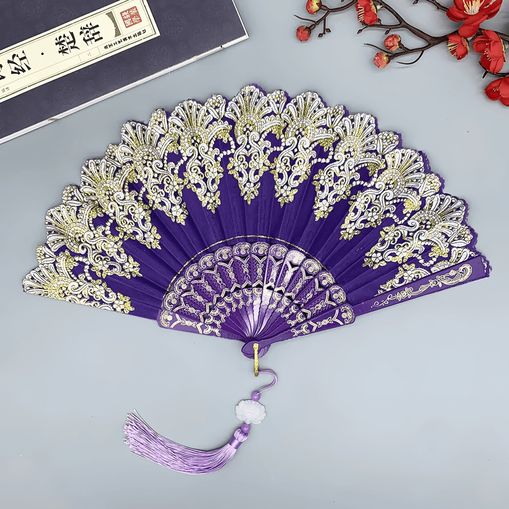 Éventail pliant vintage en dentelle chinoise avec pampille décorative