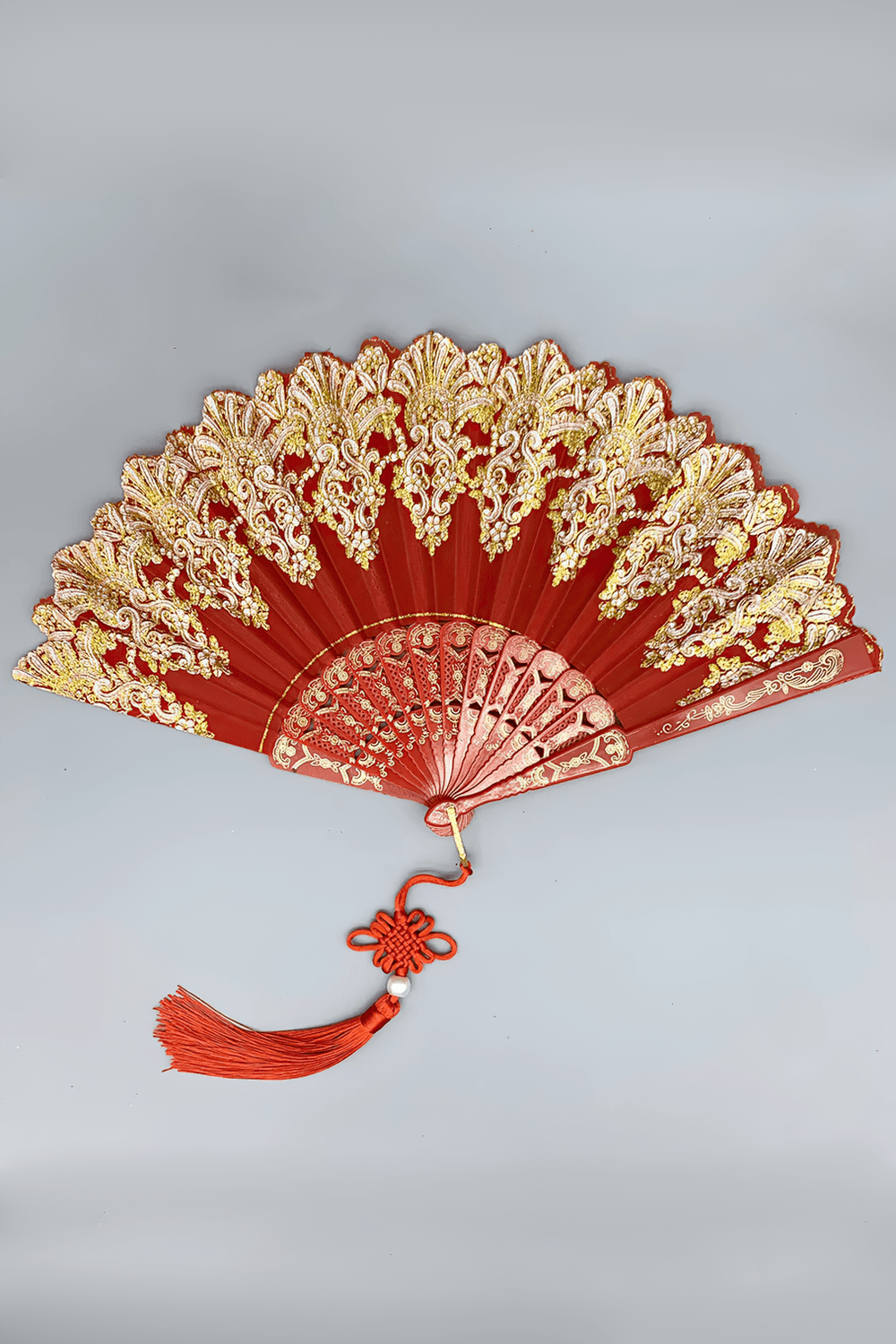 Vintage Chinese Lace Folding Fan with Tassel Detail in red, featuring intricate lace and ornate detailing, perfect for gothic and Lolita styles.