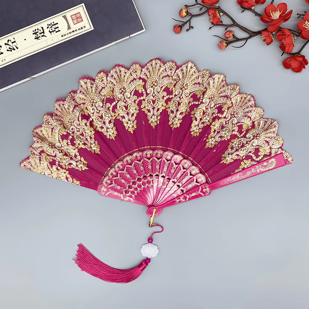 Vintage Chinese Lace Folding Fan with Tassel Detail in rose red, showcasing ornate floral lace and tassel for gothic, Lolita styles.