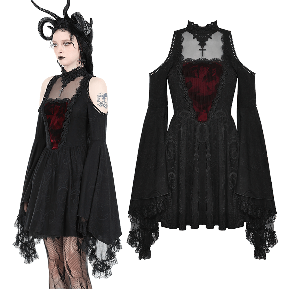 Vintage cold shoulder gothic dress with flared lace sleeves and burgundy inset, showcasing dark elegance.