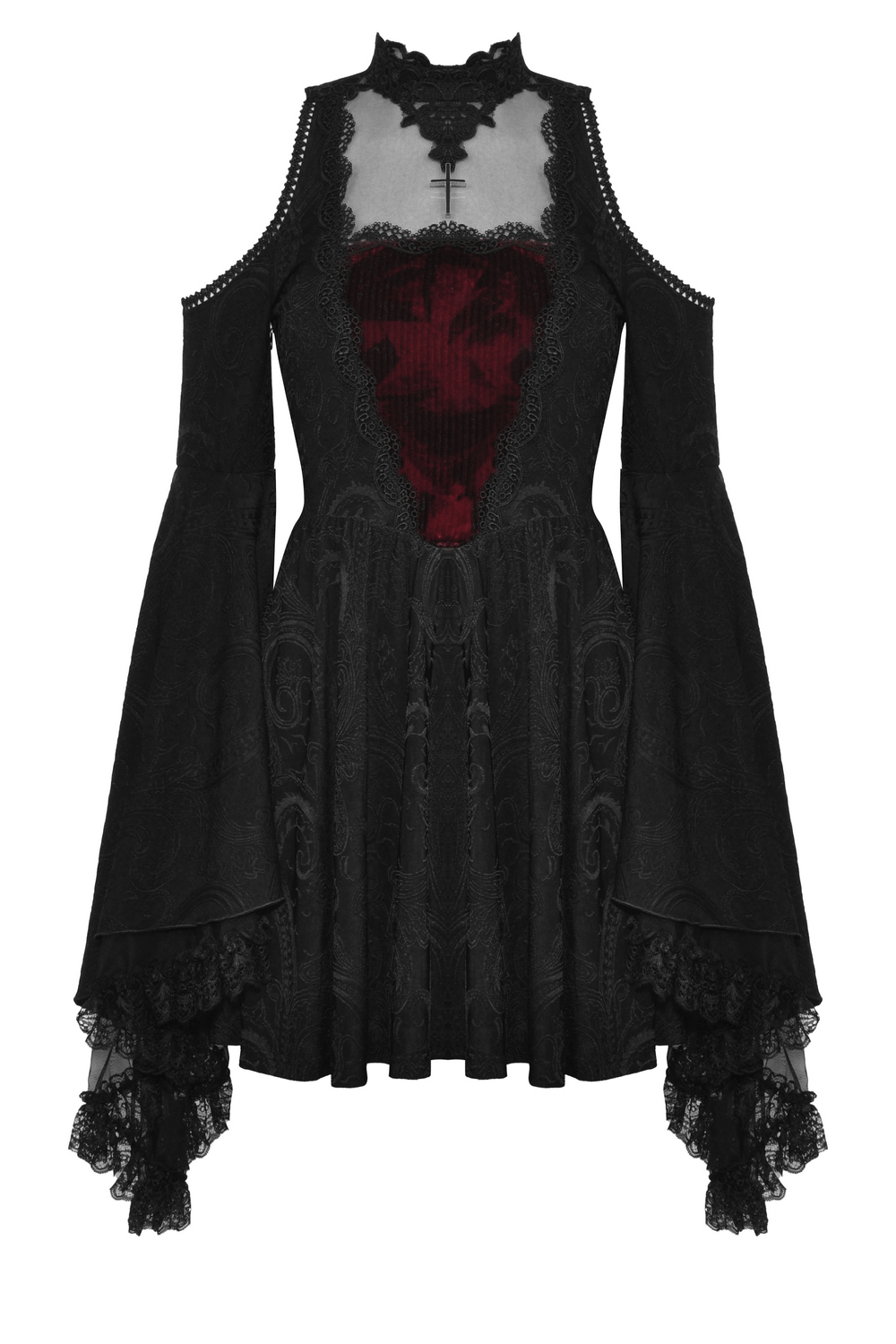 Vintage cold shoulder gothic dress with flared lace sleeves and heart-shaped burgundy inset.