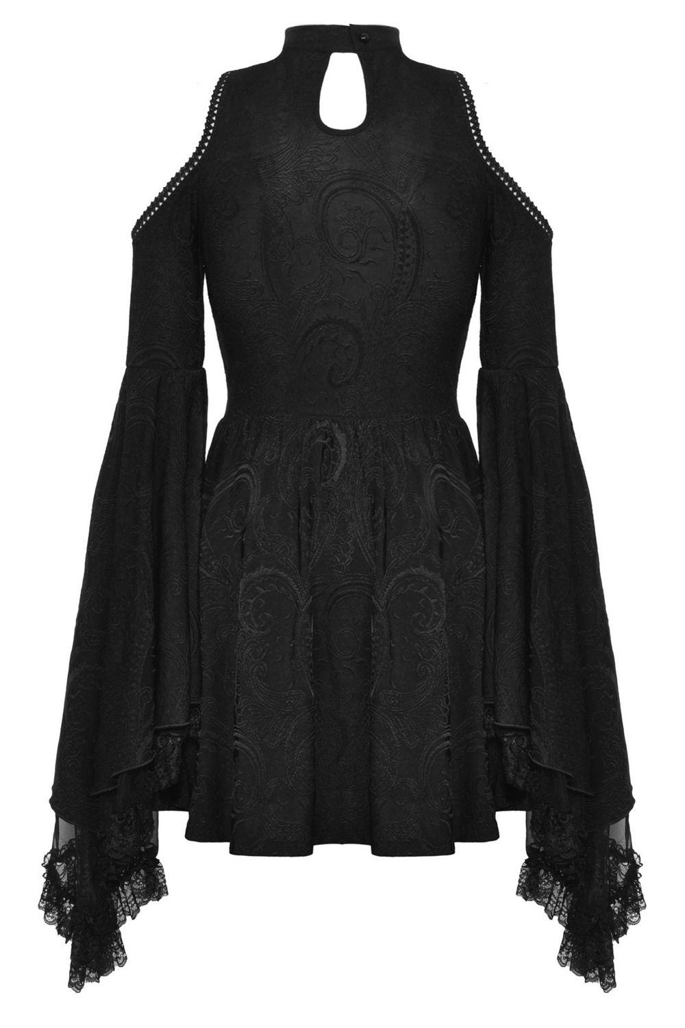 Vintage cold shoulder gothic dress featuring flared lace sleeves and intricate patterns in luxurious black fabric.