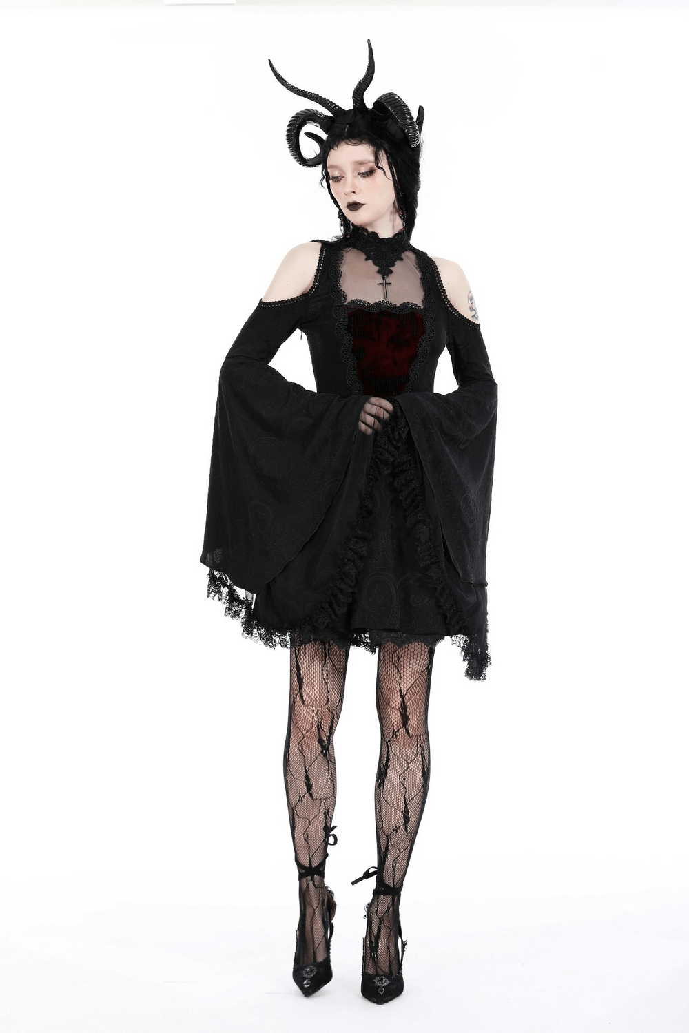 Vintage cold shoulder gothic dress with flared lace sleeves and stunning burgundy detail.