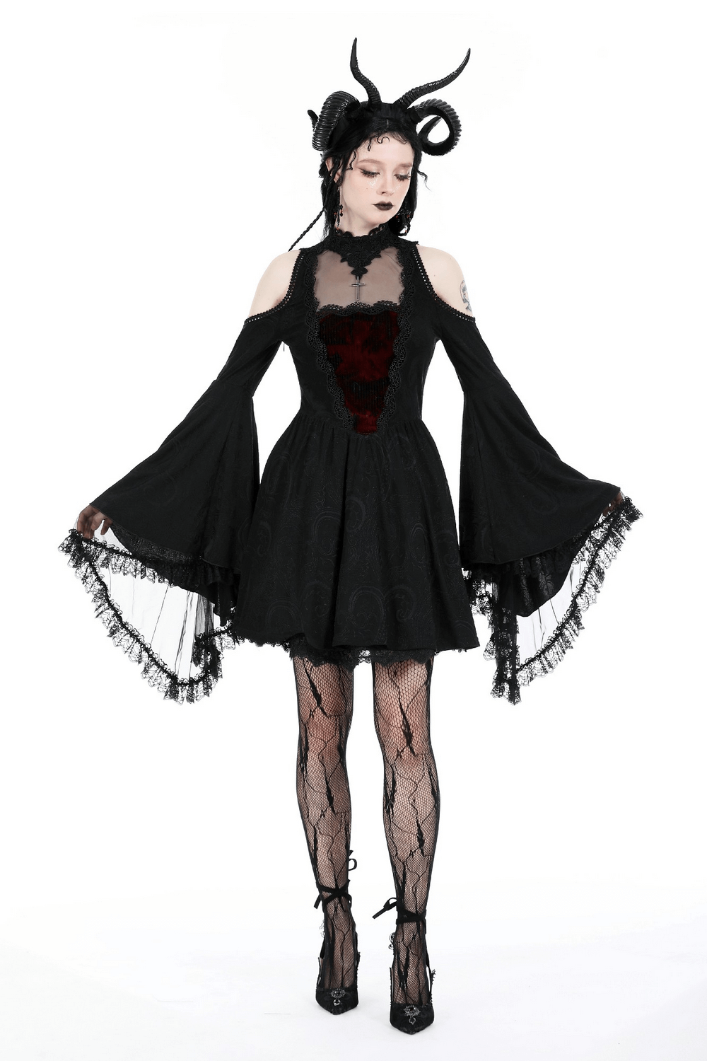 Vintage cold shoulder gothic dress with flared lace sleeves and burgundy heart detail, perfect for dark elegance.