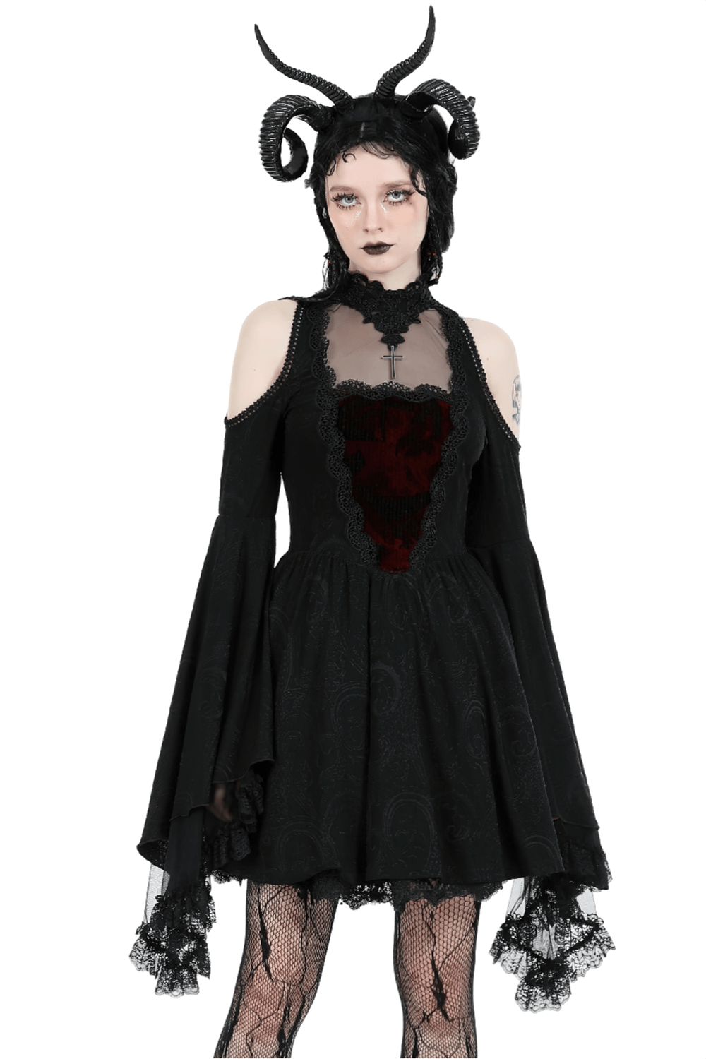 Gothic vintage dress with cold shoulder and flared lace sleeves in black and burgundy, exuding dark elegance.