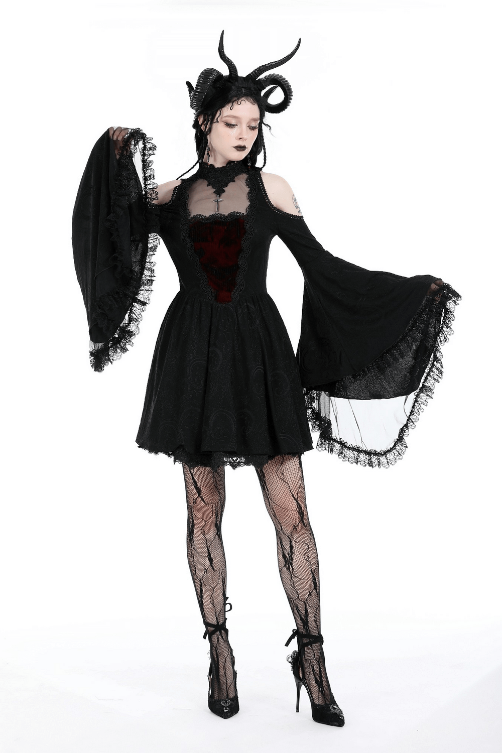 Gothic cold shoulder dress with flared lace sleeves and a heart-shaped burgundy inset, exuding dark elegance.
