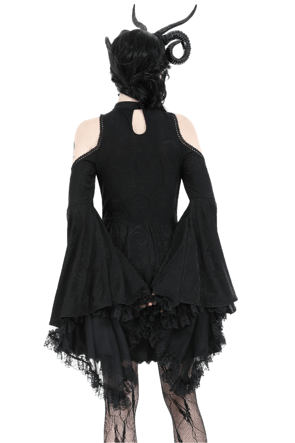 Back view of a gothic cold shoulder dress with flared lace sleeves, showcasing intricate patterns and elegant design.