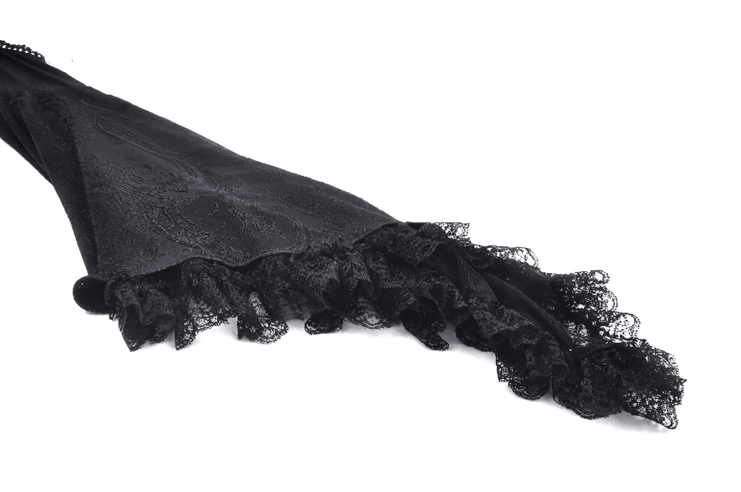 Close-up of flared black lace sleeve for a vintage cold shoulder gothic dress, showcasing intricate lace details.