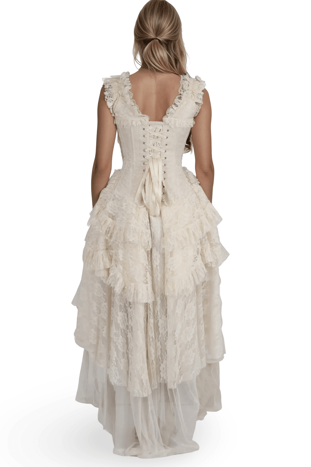 Vintage Corset Dress with Tiered High Low Ruffle Skirt Vintage Corset Dress with Tiered High Low Ruffle Skirt