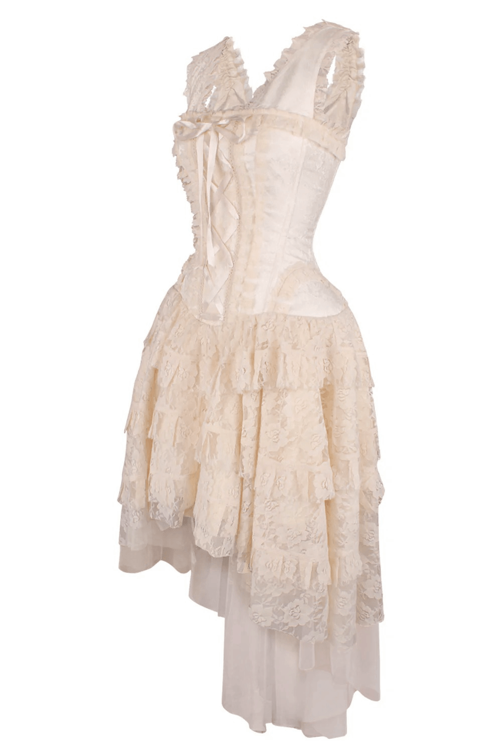 Vintage Corset Dress with Tiered High Low Ruffle Skirt showcasing a romantic lace-up design and ruffled layers in soft ivory.
