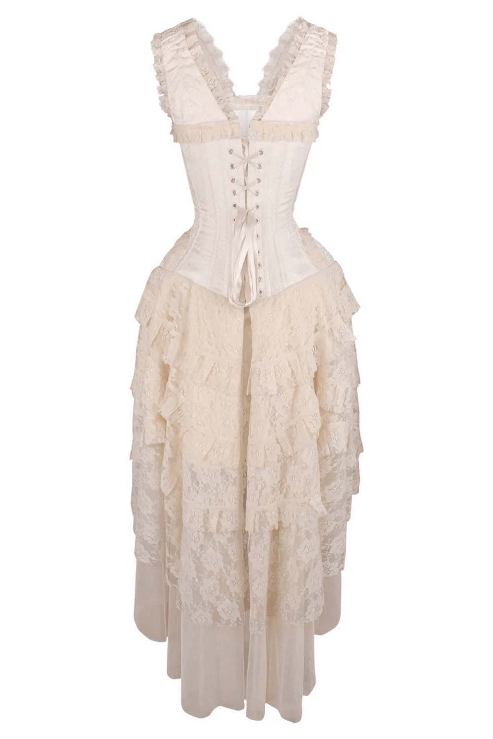 Vintage Corset Dress with Tiered High Low Ruffle Skirt featuring a romantic lace-up corset and a ruffled skirt.