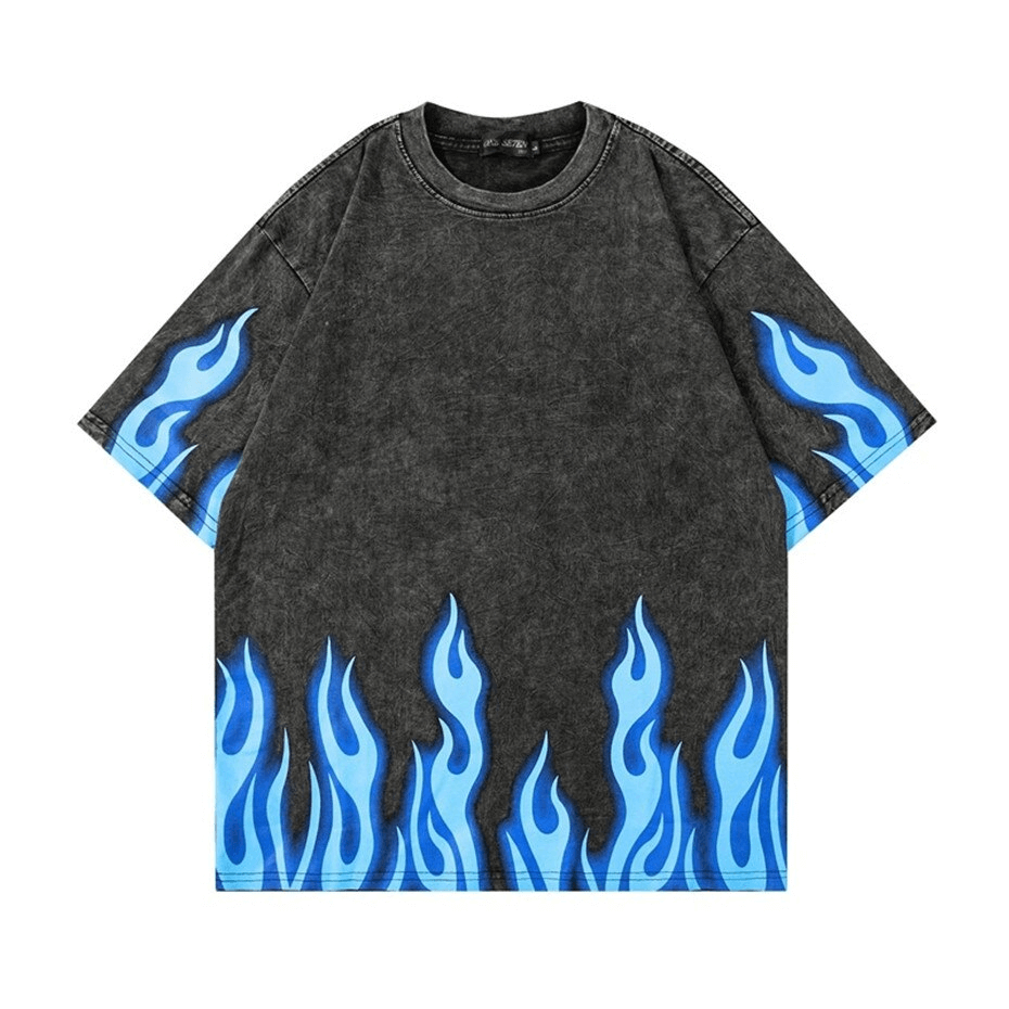 Vintage Cotton T-shirt With Flame Printed / Alternative Fashion O-Neck Loose Tees - HARD'N'HEAVY