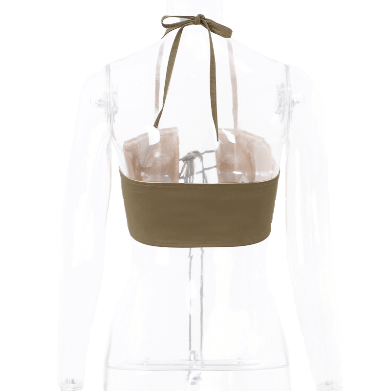 Vintage off-shoulder lace-up halter crop top in olive green, ideal for trendy women's fashion.