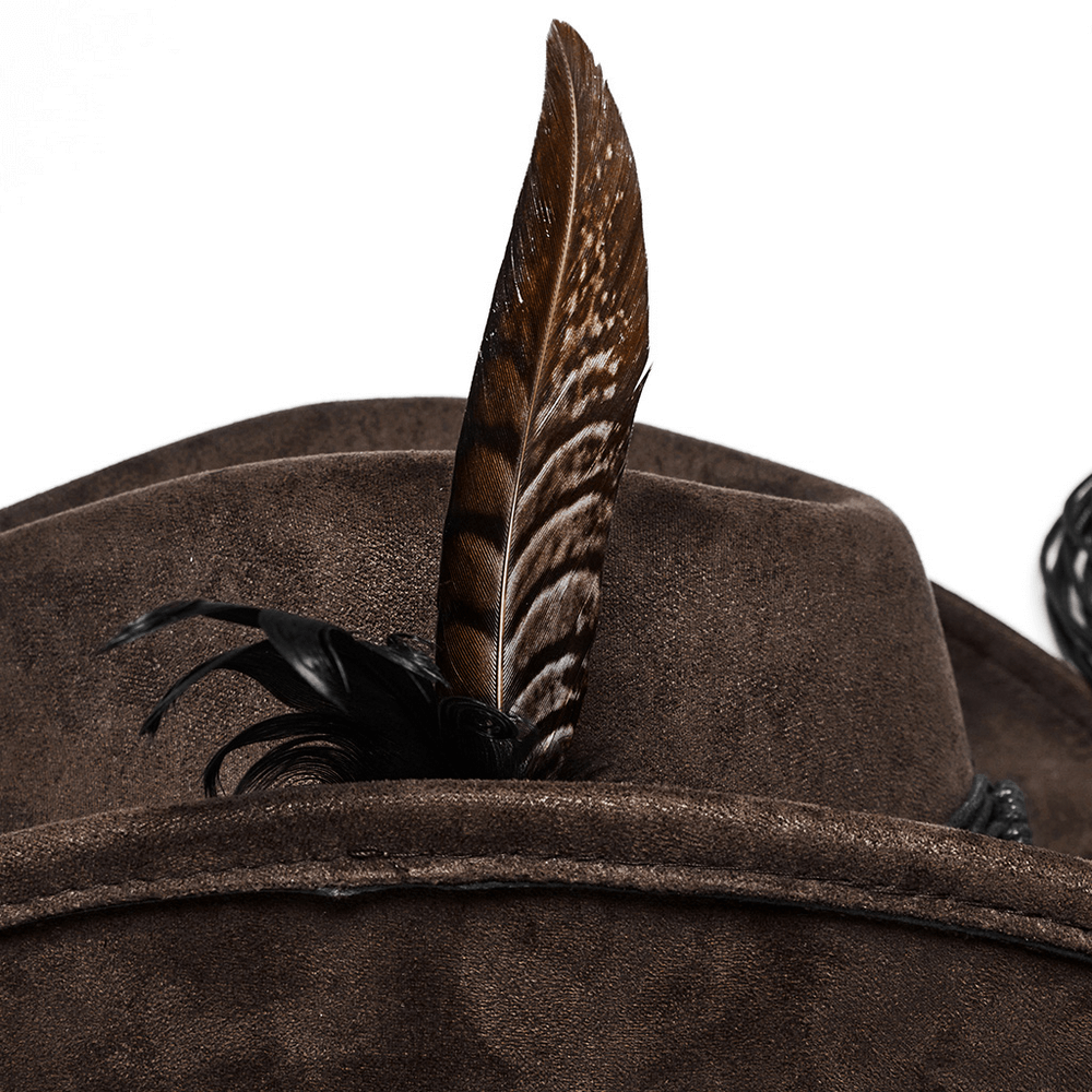 Vintage dark cowboy hat with a feather detail, showcasing bold punk style with gothic flair. Perfect for fashion enthusiasts.