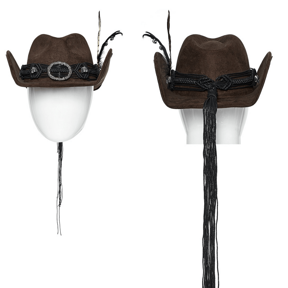 Vintage dark cowboy hat with feathers, fringe details, and conical punk style made of bamboo, featuring gothic and Chinese style elements.