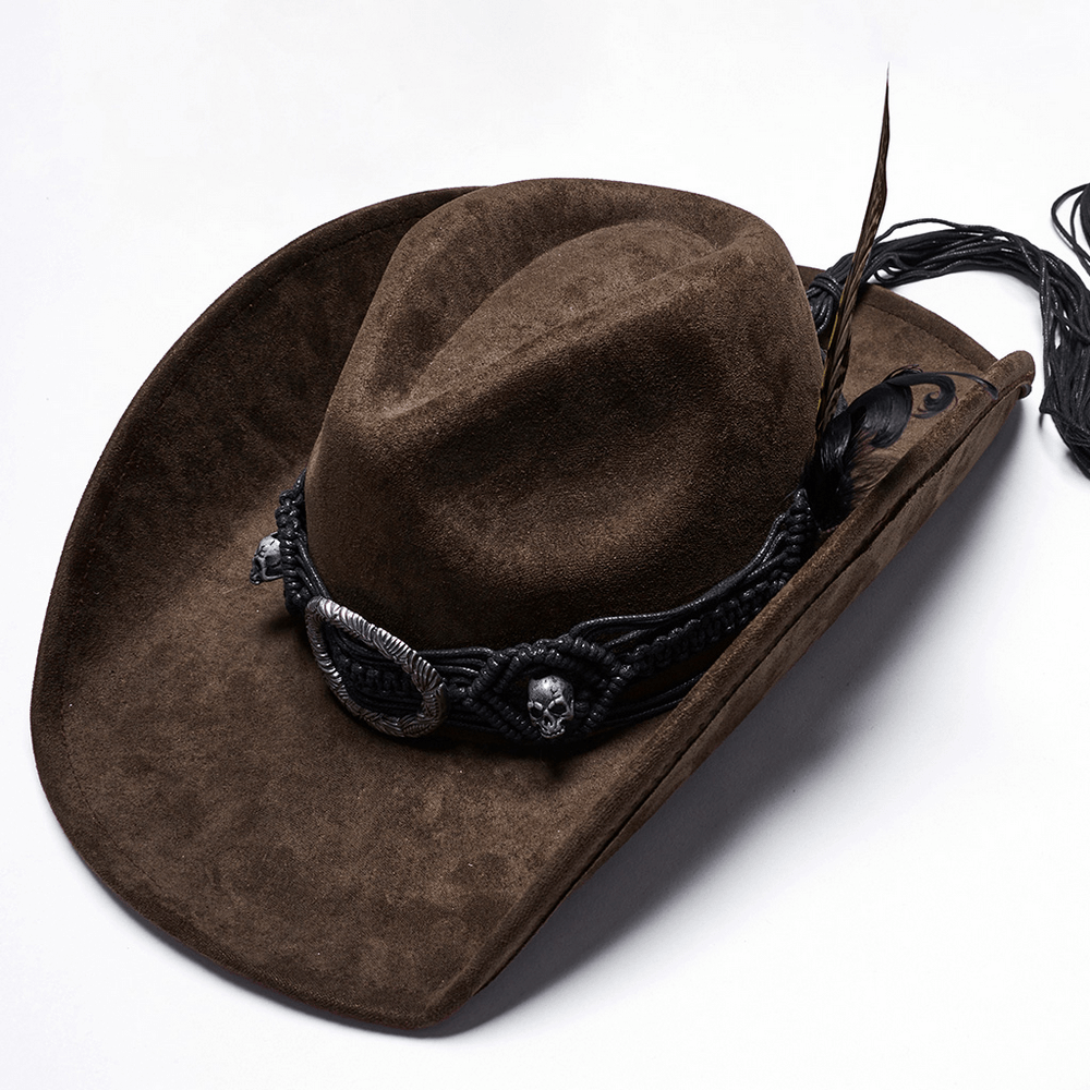 Vintage Dark Cowboy Hat with Feathers and Fringe Details