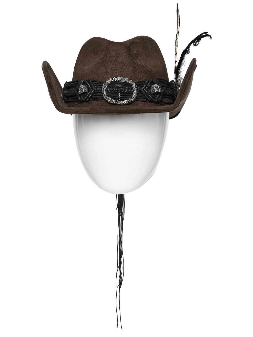 Vintage dark cowboy hat with feathers, fringe, and punk-inspired sheep horn design, crafted from natural bamboo for sun protection.