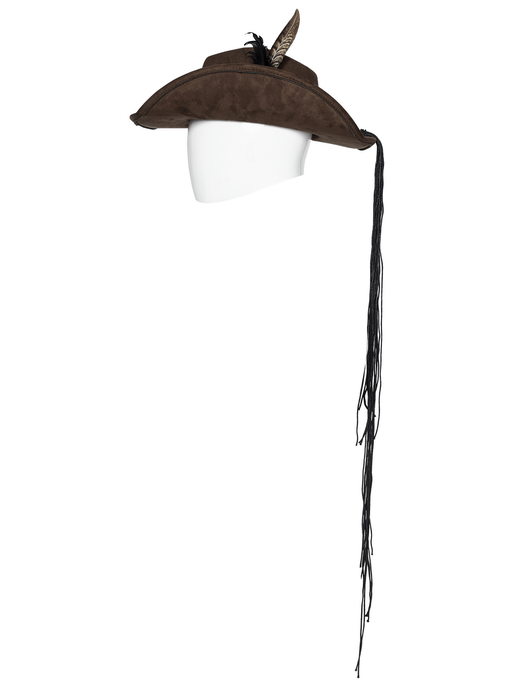 Vintage dark cowboy hat with feathers and fringe, featuring punk dark sheep horn design and gothic style, made from bamboo strips.