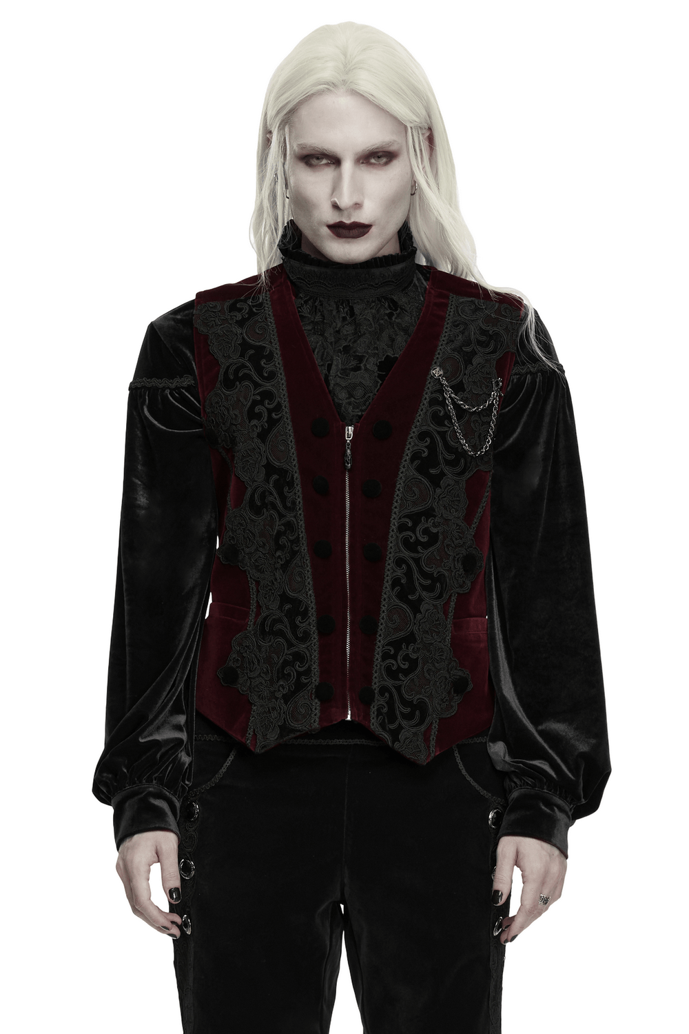 Vintage Dark Pattern Waistcoat with Chain Brooch Detail gothic burgundy velvet embroidered men's waistcoat