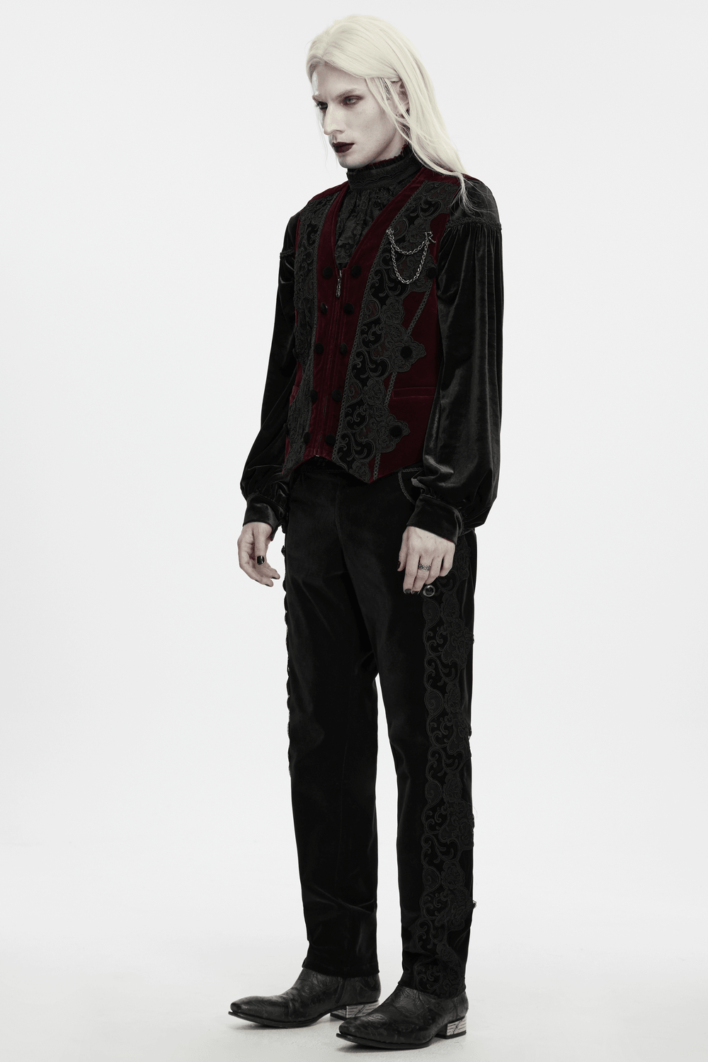 Vintage Dark Pattern Waistcoat with Chain Brooch Detail, men's gothic burgundy velvet embroidered vest with ornate chain charm