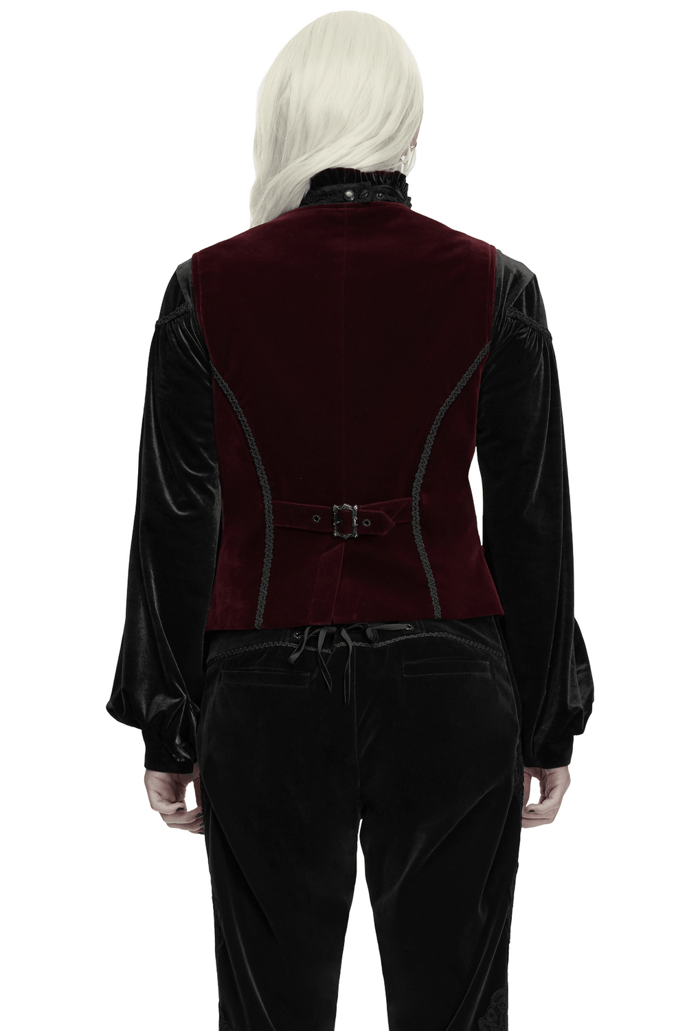 Vintage Dark Pattern Waistcoat with Chain Brooch Detail, burgundy velvet gothic back view with ornate buckle