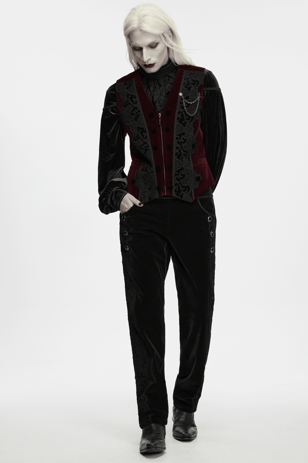 Vintage Dark Pattern Waistcoat with Chain Brooch Detail, men's gothic burgundy velvet embroidered waistcoat with ornate vintage accents