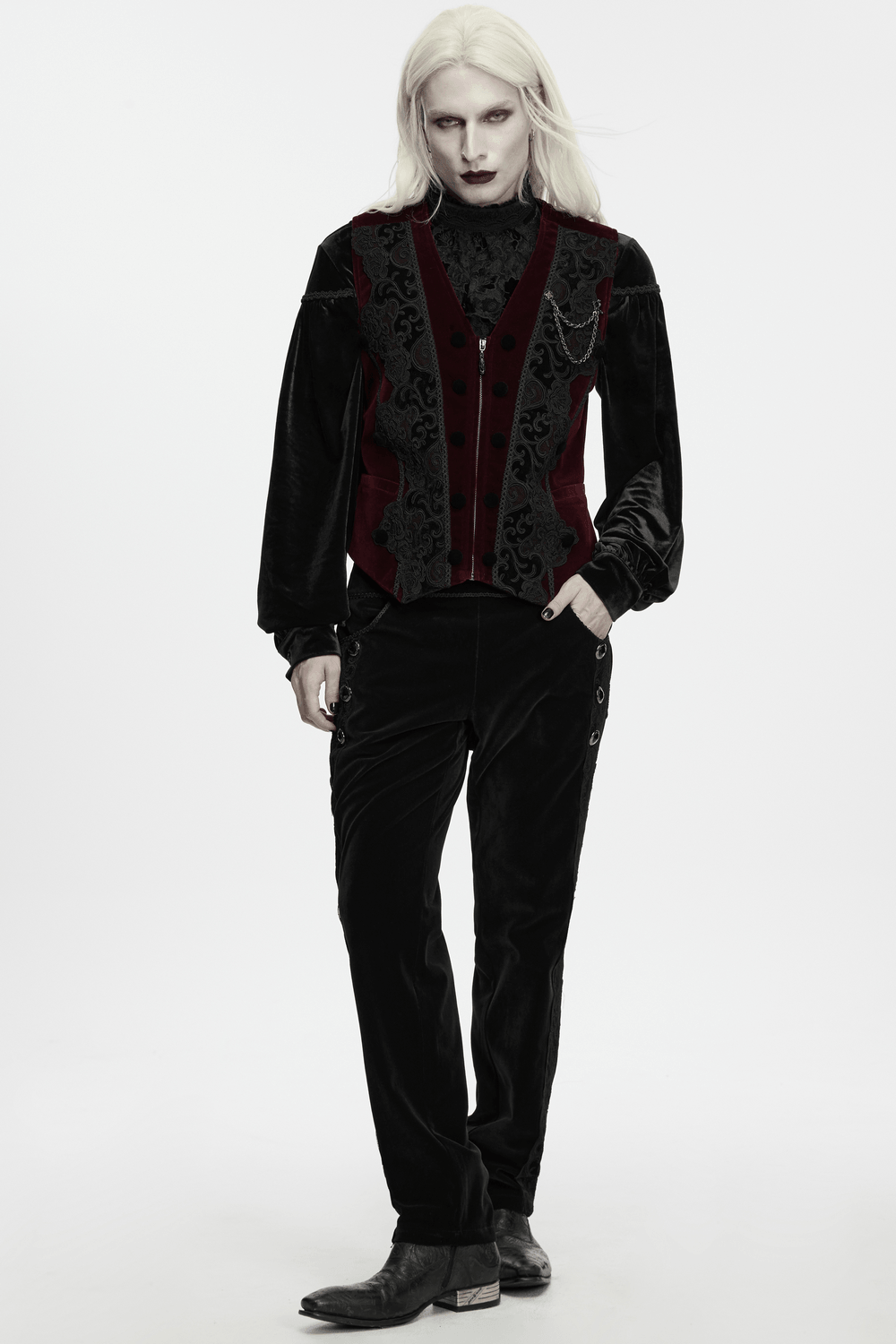 Vintage Dark Pattern Waistcoat with Chain Brooch Detail, men's gothic burgundy velvet embroidered waistcoat with ornate chain brooch