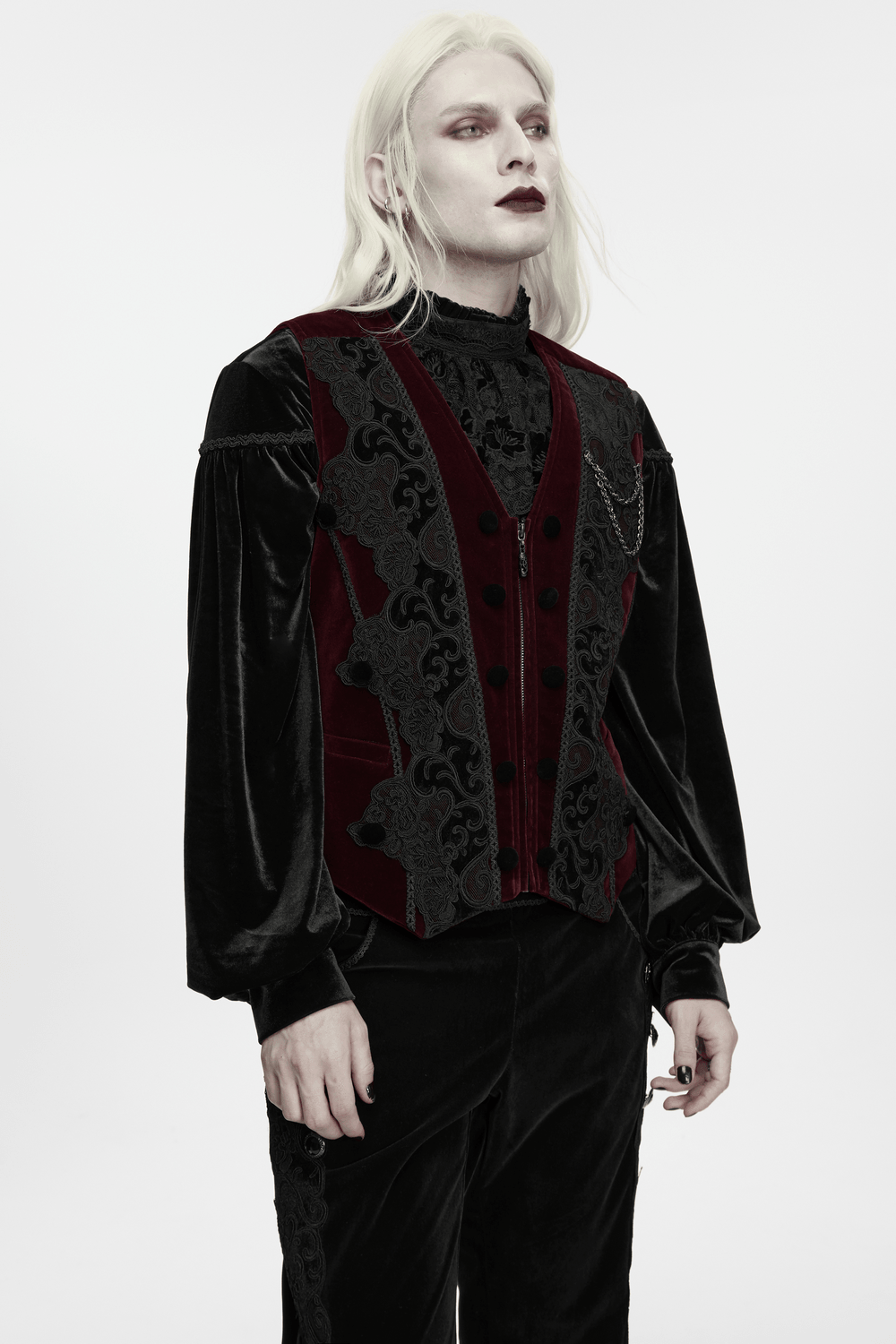 Vintage Dark Pattern Waistcoat with Chain Brooch Detail, burgundy gothic velvet vest with lace trim and chain accent