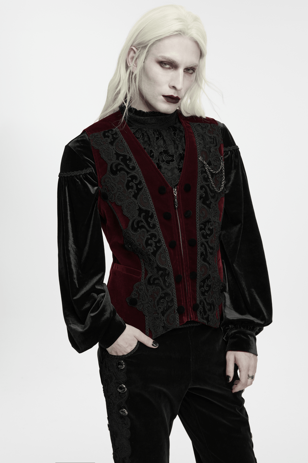 Vintage Dark Pattern Waistcoat with Chain Brooch Detail, burgundy gothic velvet vest with lace trim and chain accent