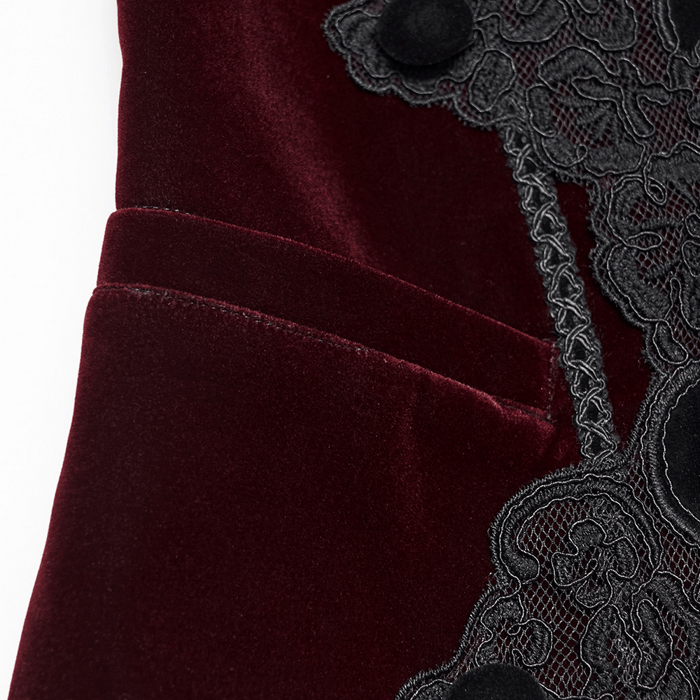 Vintage Dark Pattern Waistcoat with Chain Brooch Detail burgundy velvet gothic vest with black lace trim and buttons
